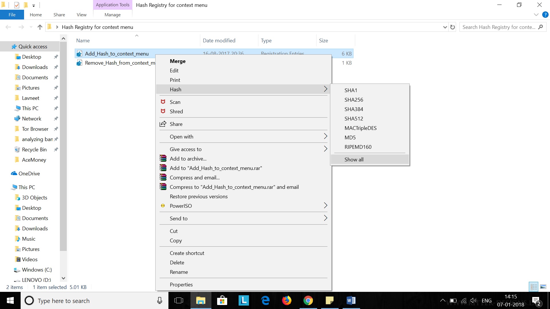 Hash option in right click context menu