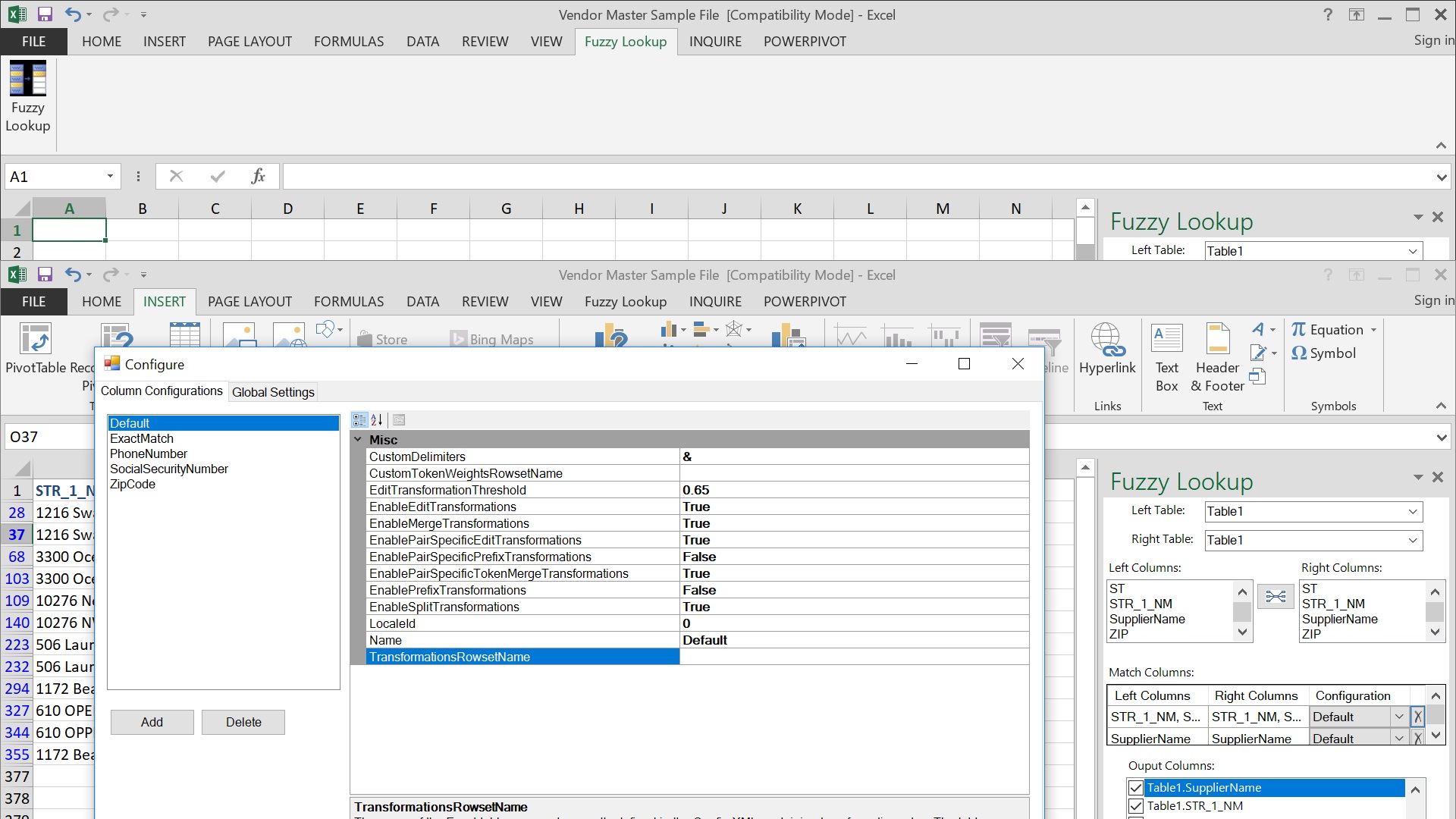 Fuzzy Lookup add-in advanced settings