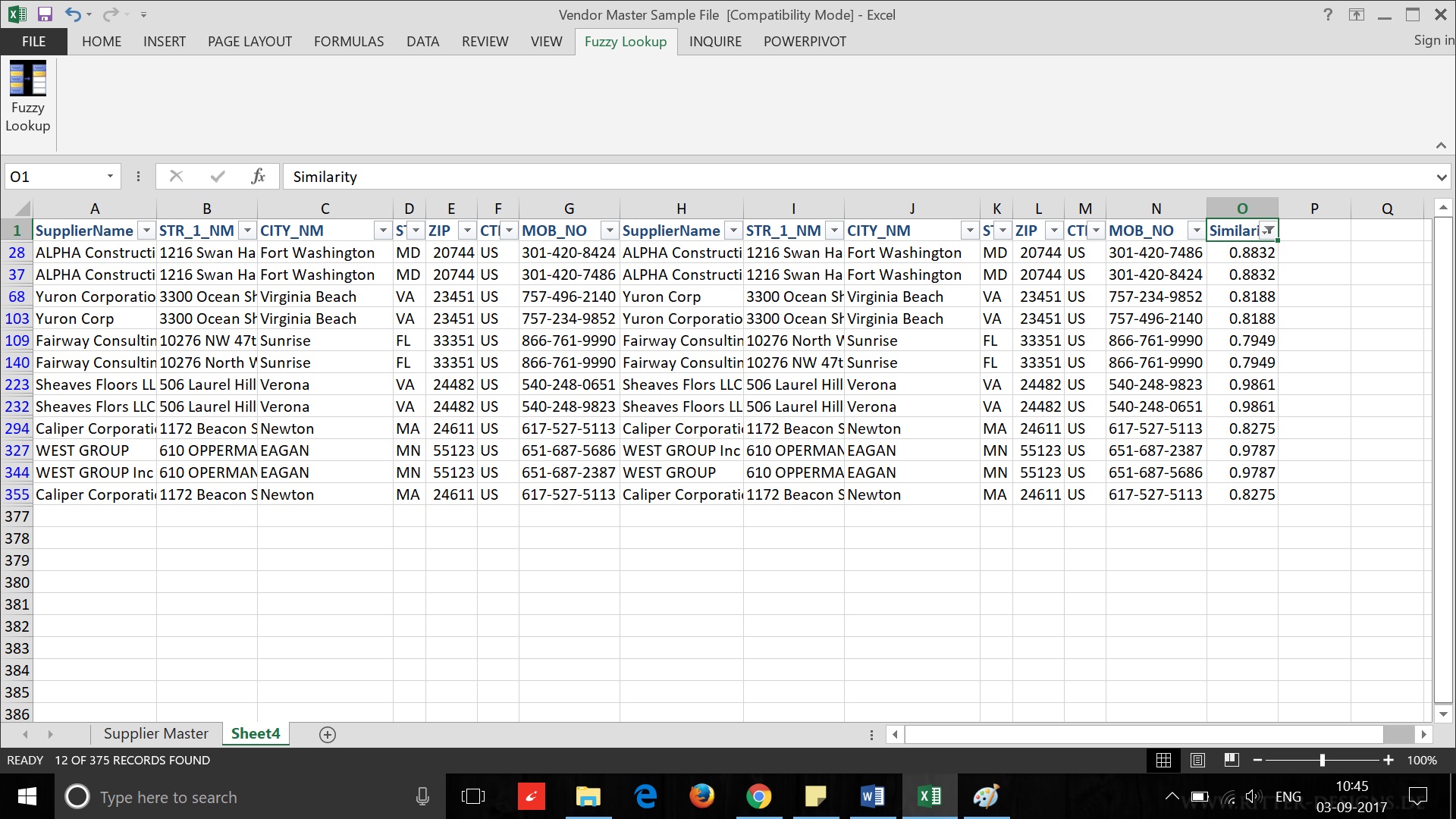 Fuzzy lookup addin output