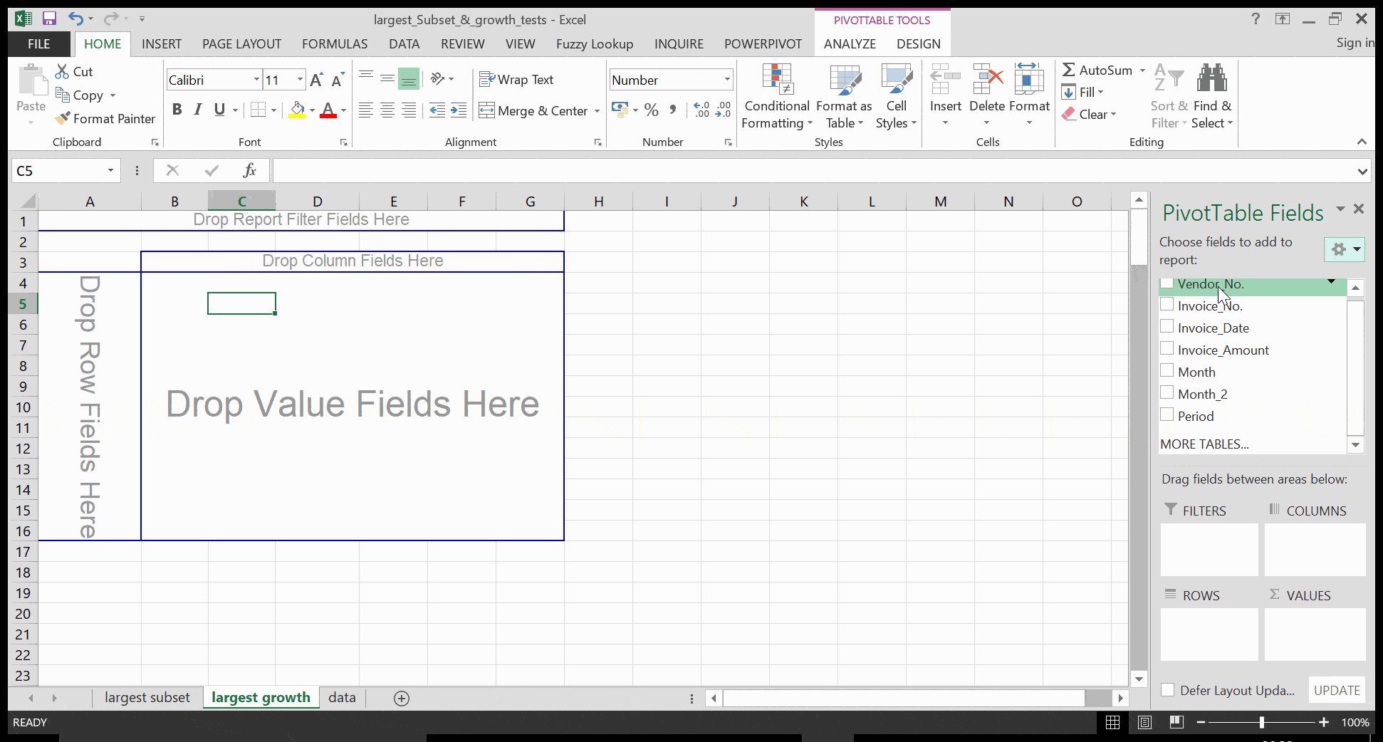 calculating largest growth test in excel
