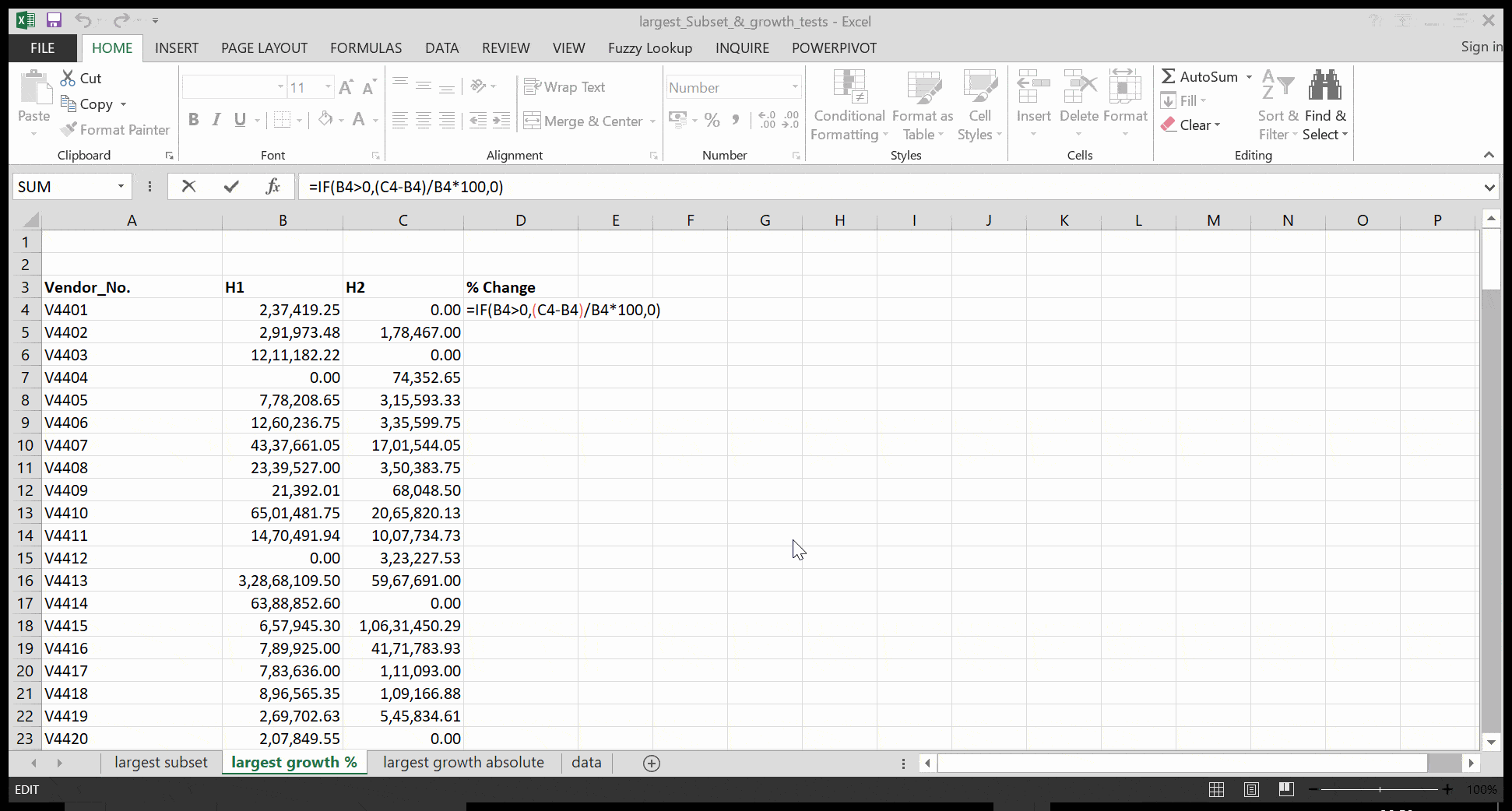 calculating largest growth test in excel