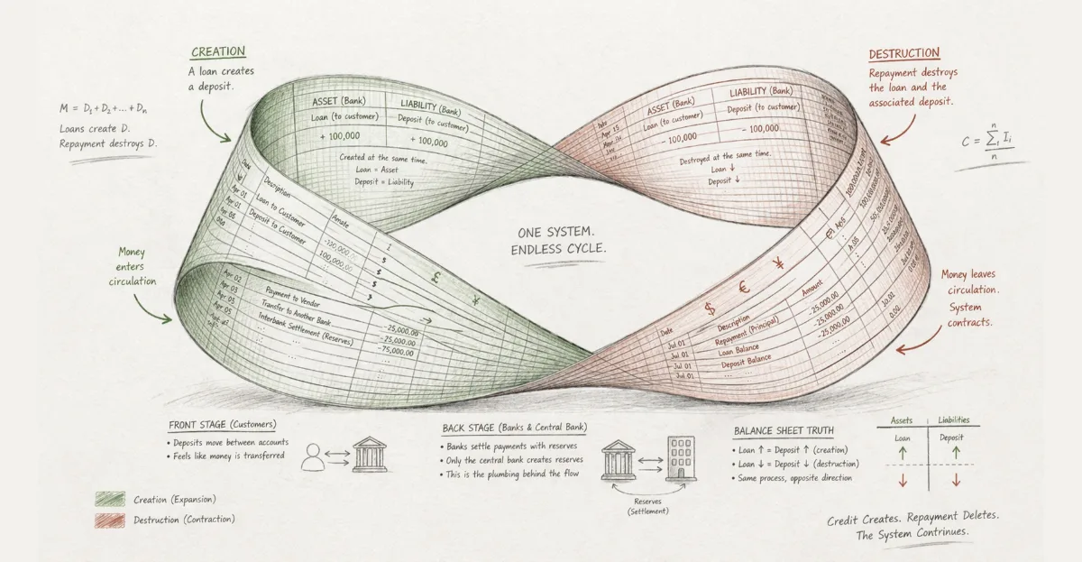 Illustrated Möbius loop showing how bank lending creates deposits and repayment destroys them