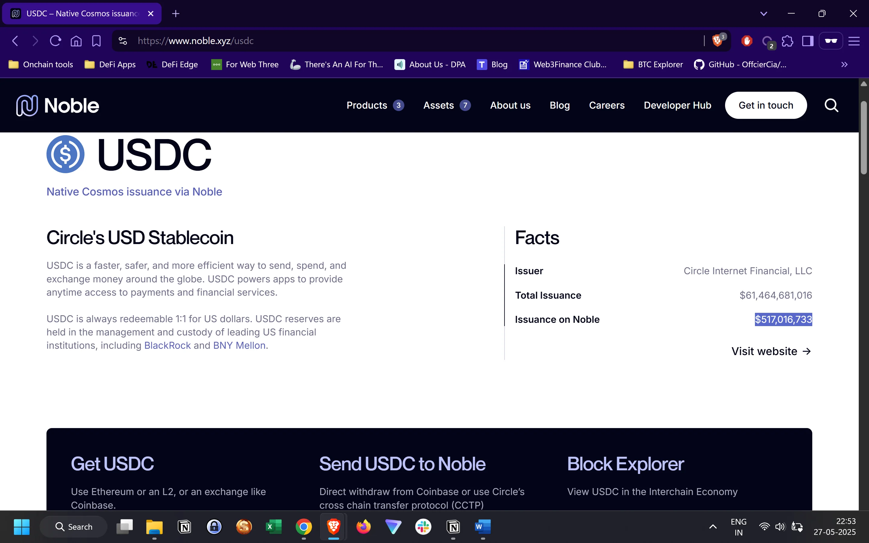 Noble USDC issuance page showing issuance data