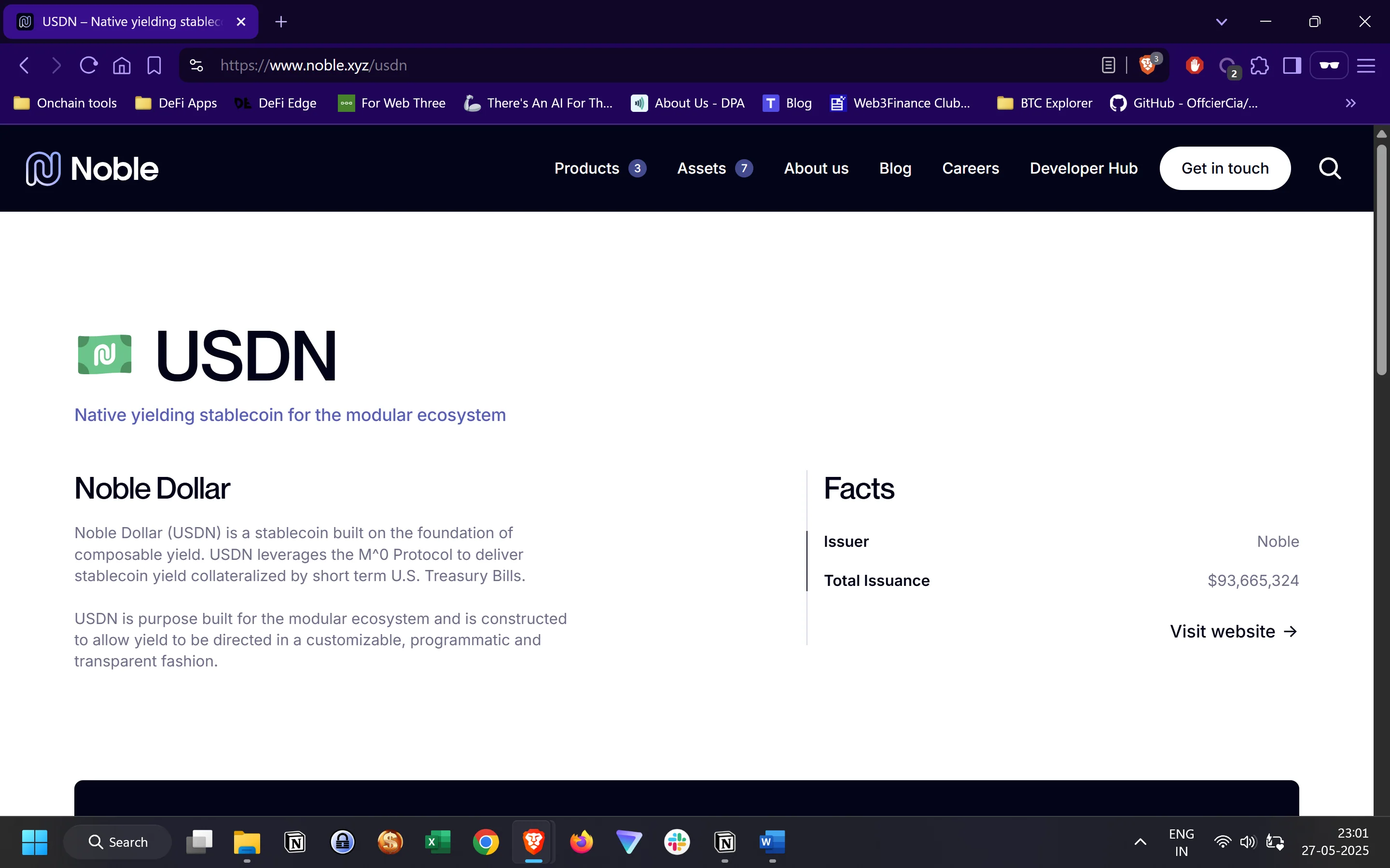 Noble USDN page showing the native yielding stablecoin