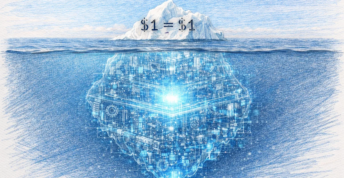 An iceberg illustrating the visible dollar and the layered financial infrastructure beneath it